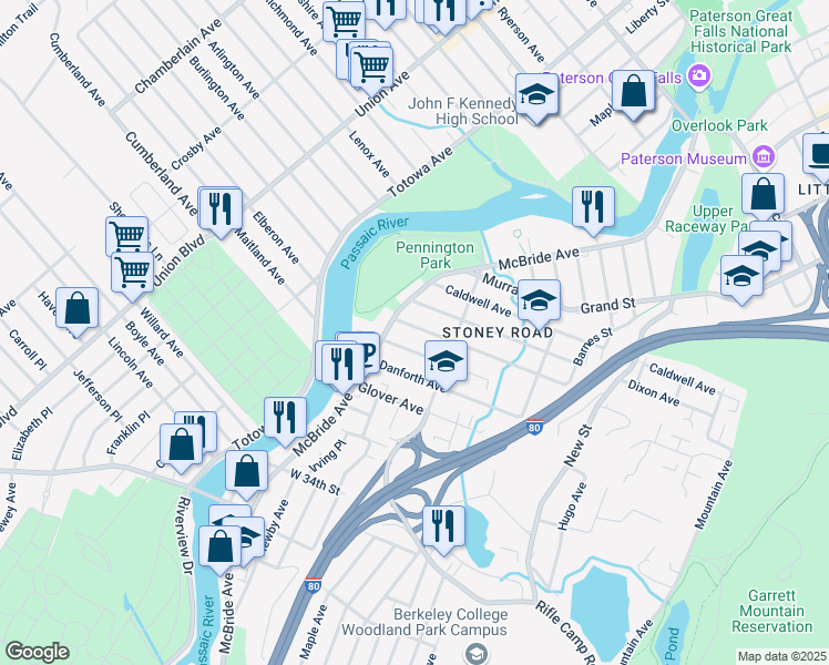 map of restaurants, bars, coffee shops, grocery stores, and more near 62 Carlisle Avenue in Paterson
