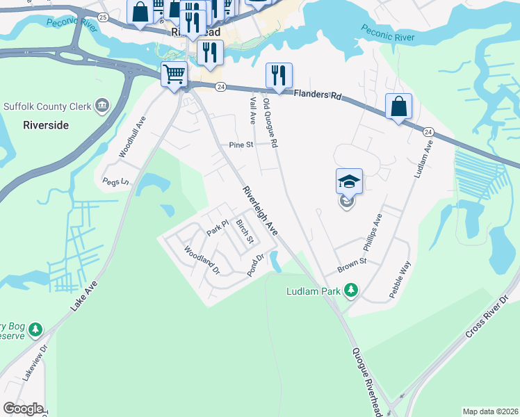 map of restaurants, bars, coffee shops, grocery stores, and more near 500 Riverleigh Avenue in Riverhead