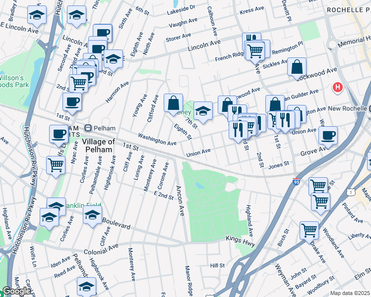 map of restaurants, bars, coffee shops, grocery stores, and more near 46 Eighth Street in New Rochelle