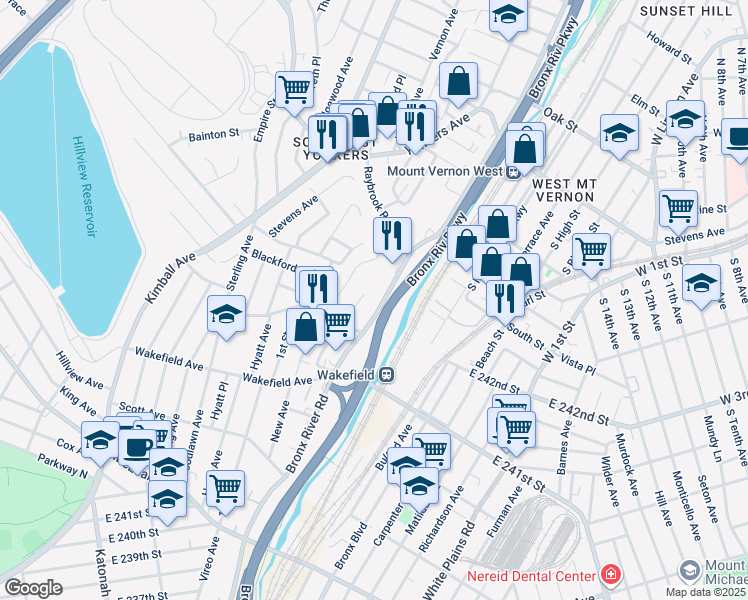 map of restaurants, bars, coffee shops, grocery stores, and more near 245 Bronx River Road in Yonkers