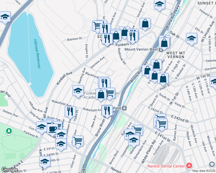 map of restaurants, bars, coffee shops, grocery stores, and more near 66 Blackford Avenue in Yonkers