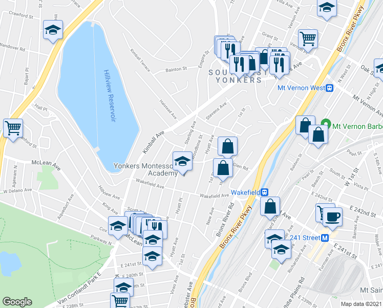 map of restaurants, bars, coffee shops, grocery stores, and more near 200 Sterling Avenue in Yonkers