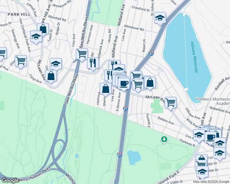 map of restaurants, bars, coffee shops, grocery stores, and more near 626 McLean Avenue in Yonkers