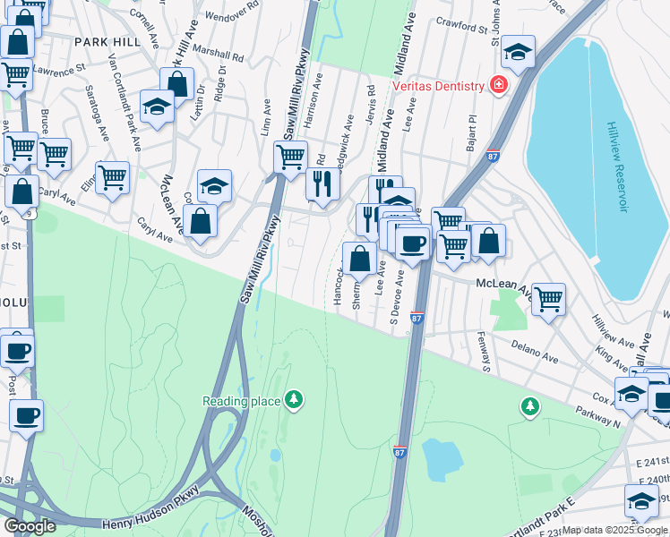 map of restaurants, bars, coffee shops, grocery stores, and more near 61 Sedgwick Avenue in Yonkers