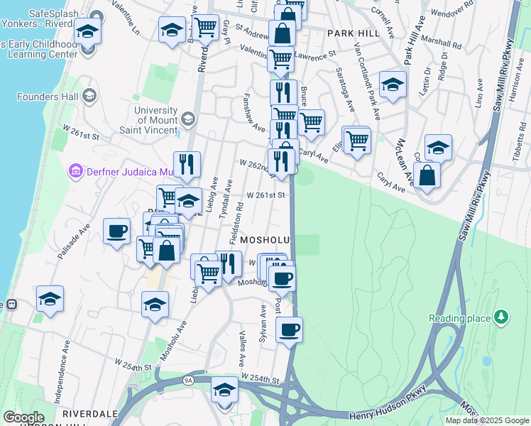 map of restaurants, bars, coffee shops, grocery stores, and more near 240 West 261st Street in Bronx