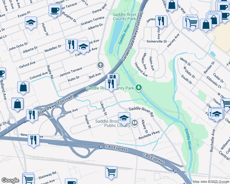 map of restaurants, bars, coffee shops, grocery stores, and more near 4 Dyer Place in Saddle Brook