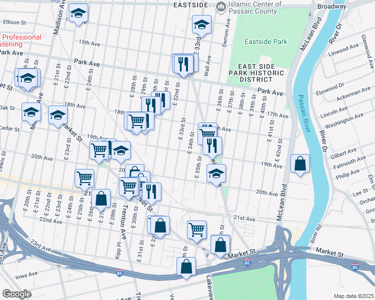 map of restaurants, bars, coffee shops, grocery stores, and more near 427 East 33rd Street in Paterson