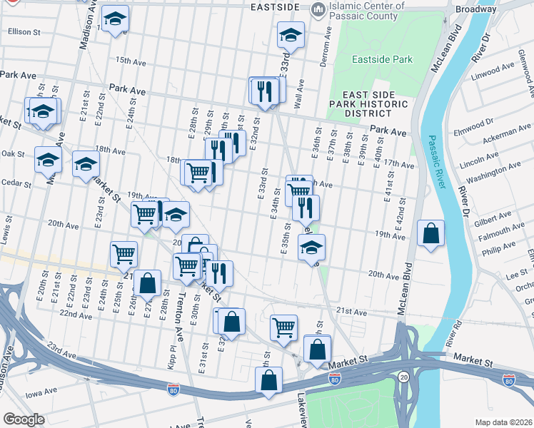 map of restaurants, bars, coffee shops, grocery stores, and more near 427 East 33rd Street in Paterson