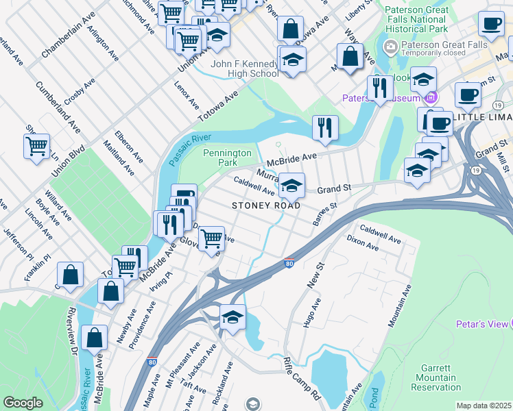 map of restaurants, bars, coffee shops, grocery stores, and more near 114 Caldwell Avenue in Paterson