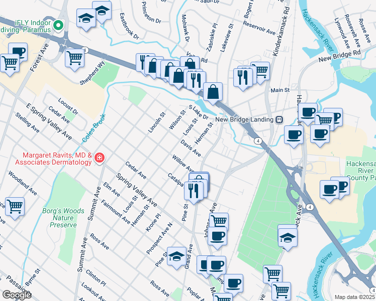 map of restaurants, bars, coffee shops, grocery stores, and more near 35 Davis Avenue in Hackensack