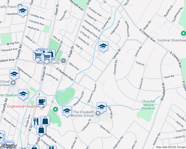 map of restaurants, bars, coffee shops, grocery stores, and more near 9 Mission Way in Tenafly