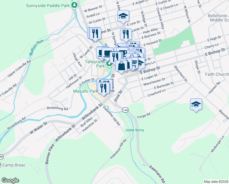 map of restaurants, bars, coffee shops, grocery stores, and more near 202 South Water Street in Bellefonte