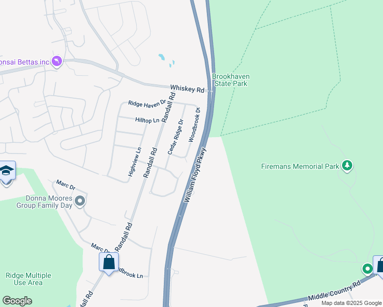 map of restaurants, bars, coffee shops, grocery stores, and more near 45 Woodbrook Drive in Ridge
