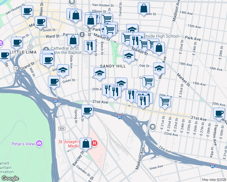 map of restaurants, bars, coffee shops, grocery stores, and more near 34 Chestnut Street in Paterson
