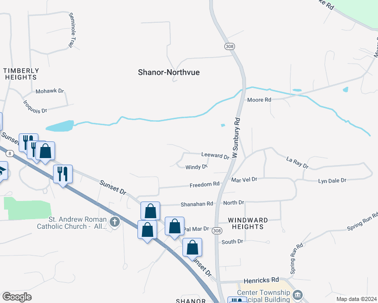 map of restaurants, bars, coffee shops, grocery stores, and more near 140 Leeward Drive in Butler