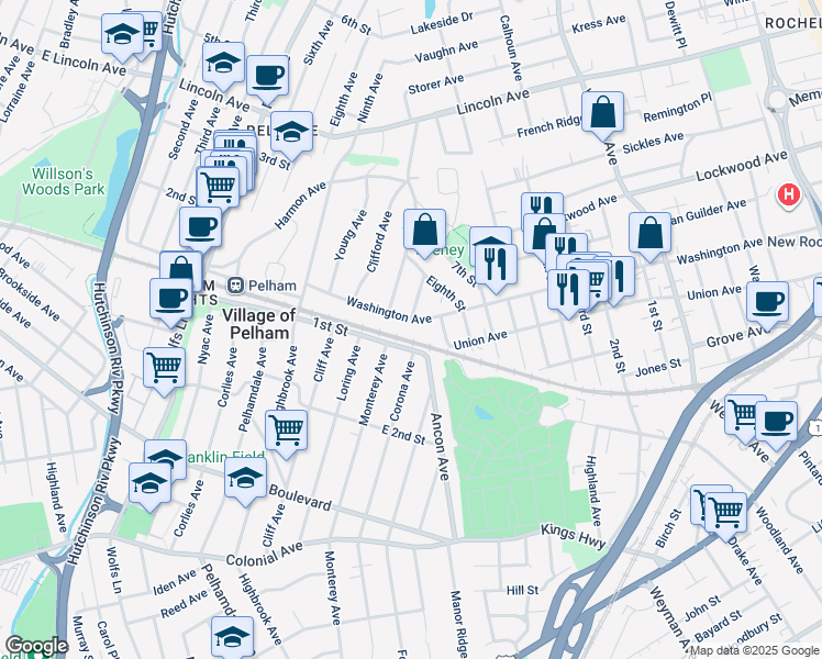 map of restaurants, bars, coffee shops, grocery stores, and more near 18 Fraser Street in New Rochelle