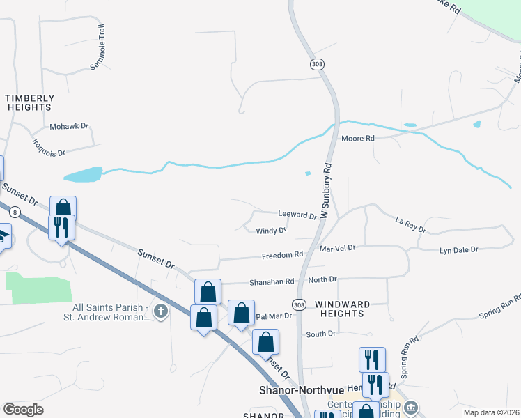 map of restaurants, bars, coffee shops, grocery stores, and more near 150 Leeward Drive in Butler