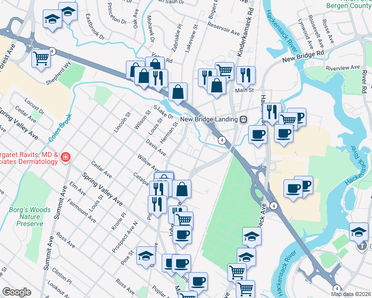 map of restaurants, bars, coffee shops, grocery stores, and more near 960 Main Street in Hackensack