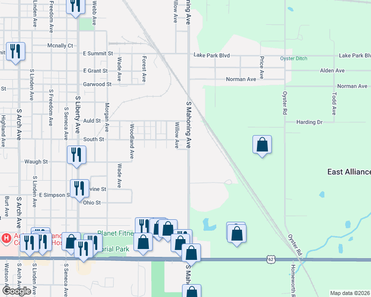 map of restaurants, bars, coffee shops, grocery stores, and more near 1187 South Mahoning Avenue in Alliance