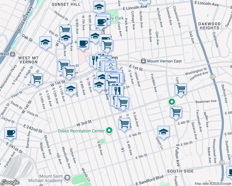 map of restaurants, bars, coffee shops, grocery stores, and more near 67 South 4th Avenue in Mount Vernon