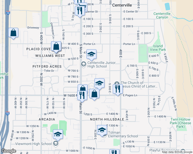 map of restaurants, bars, coffee shops, grocery stores, and more near 186 East 735 South in Centerville