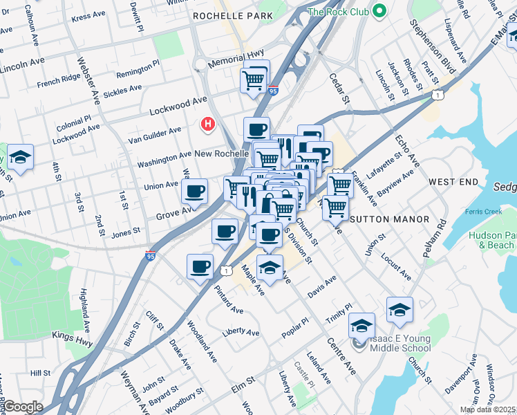 map of restaurants, bars, coffee shops, grocery stores, and more near 40 Memorial Highway in New Rochelle