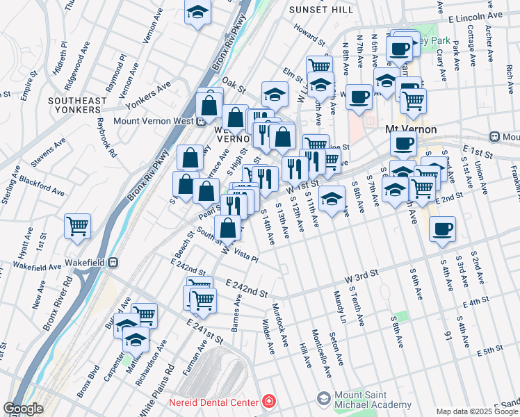map of restaurants, bars, coffee shops, grocery stores, and more near 8 North 14th Avenue in Mount Vernon