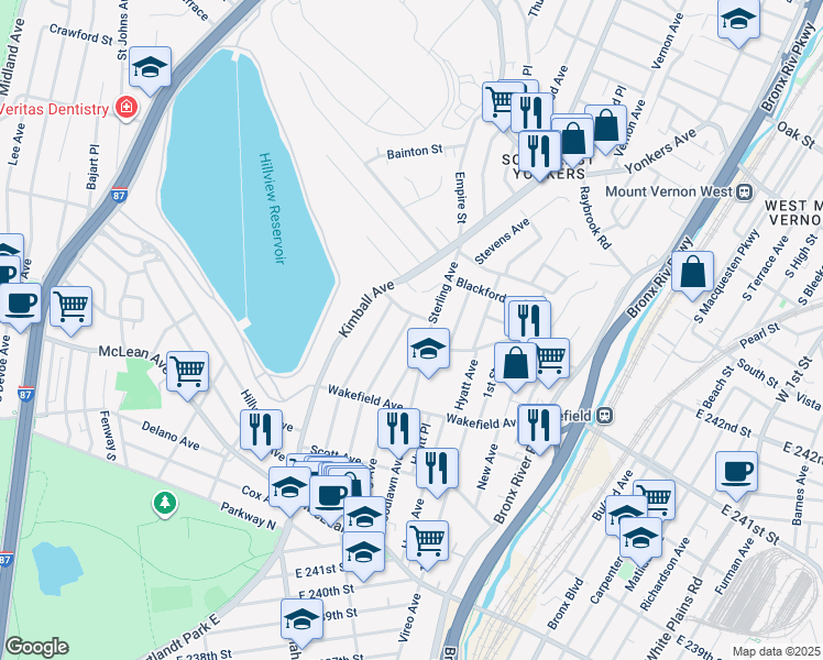 map of restaurants, bars, coffee shops, grocery stores, and more near 29 Churchill Avenue in Yonkers