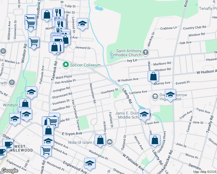 map of restaurants, bars, coffee shops, grocery stores, and more near 230 Irvington Road in Teaneck