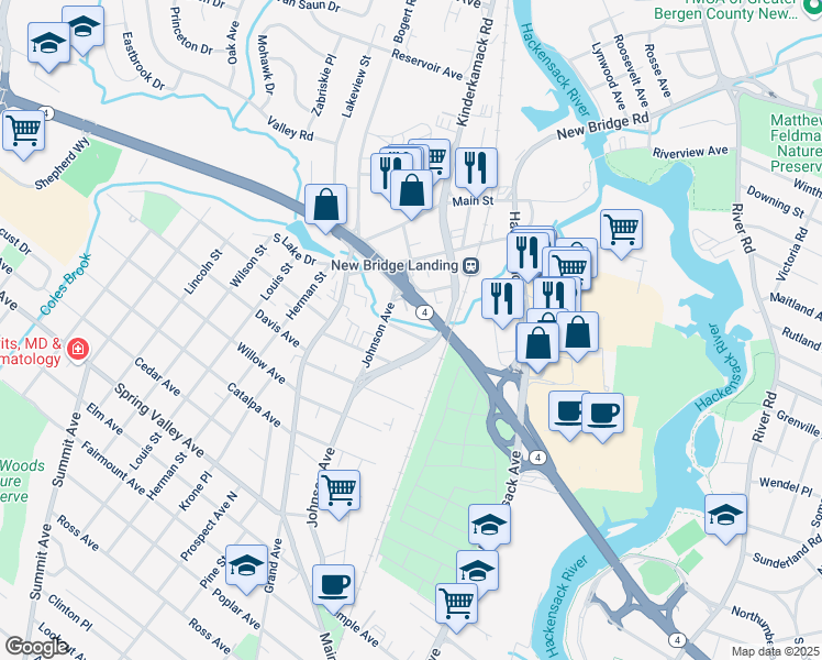map of restaurants, bars, coffee shops, grocery stores, and more near 2 New Jersey 4 in River Edge