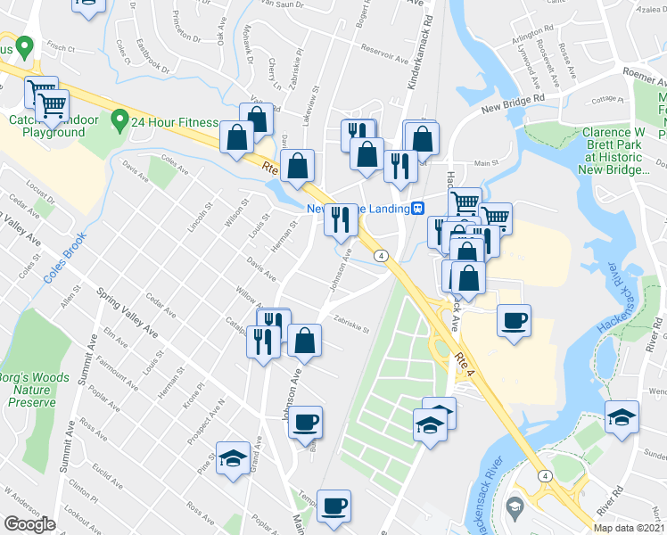 map of restaurants, bars, coffee shops, grocery stores, and more near 259 Johnson Avenue in River Edge