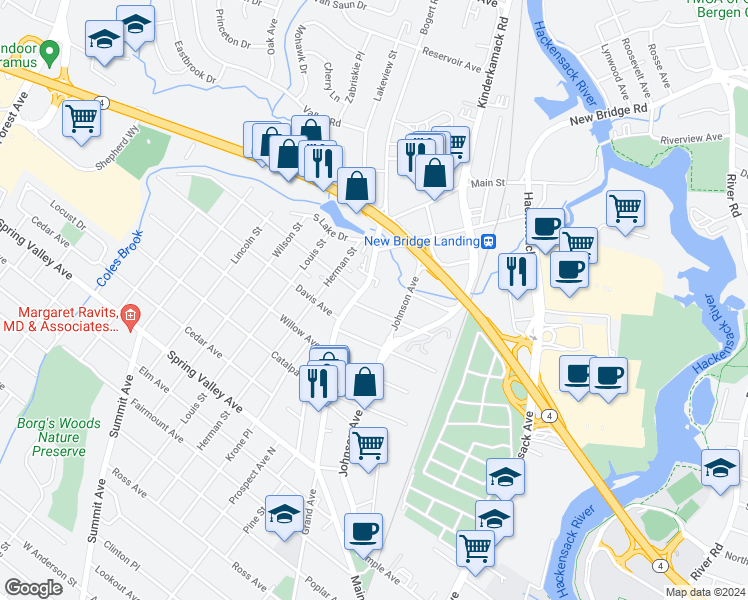 map of restaurants, bars, coffee shops, grocery stores, and more near 960 Main Street in Hackensack