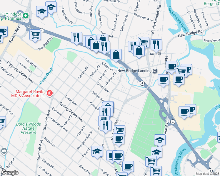map of restaurants, bars, coffee shops, grocery stores, and more near 270 Herman Street in Hackensack