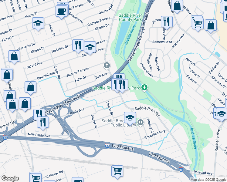 map of restaurants, bars, coffee shops, grocery stores, and more near in Saddle Brook