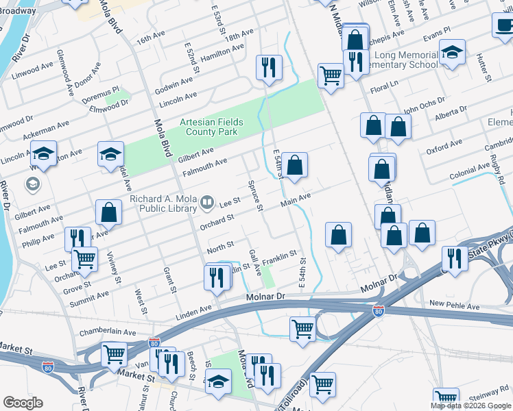map of restaurants, bars, coffee shops, grocery stores, and more near 5 Sabo Court in Elmwood Park
