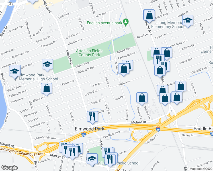 map of restaurants, bars, coffee shops, grocery stores, and more near 280 Miller Avenue in Elmwood Park