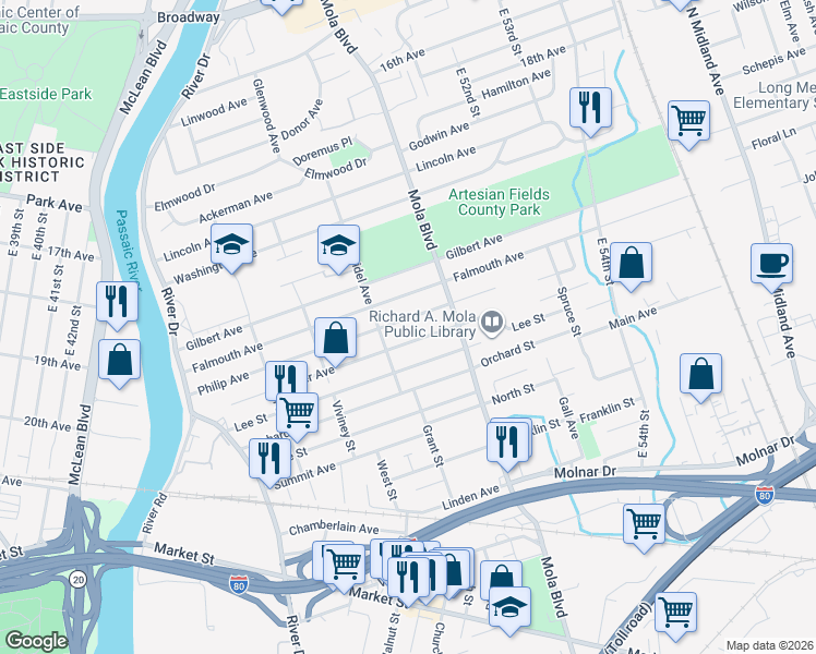 map of restaurants, bars, coffee shops, grocery stores, and more near 176 Falmouth Avenue in Elmwood Park