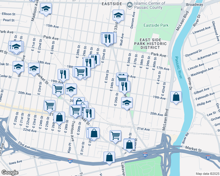 map of restaurants, bars, coffee shops, grocery stores, and more near 427 East 33rd Street in Paterson