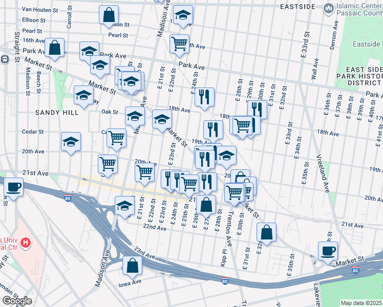 map of restaurants, bars, coffee shops, grocery stores, and more near 120 19th Avenue in Paterson