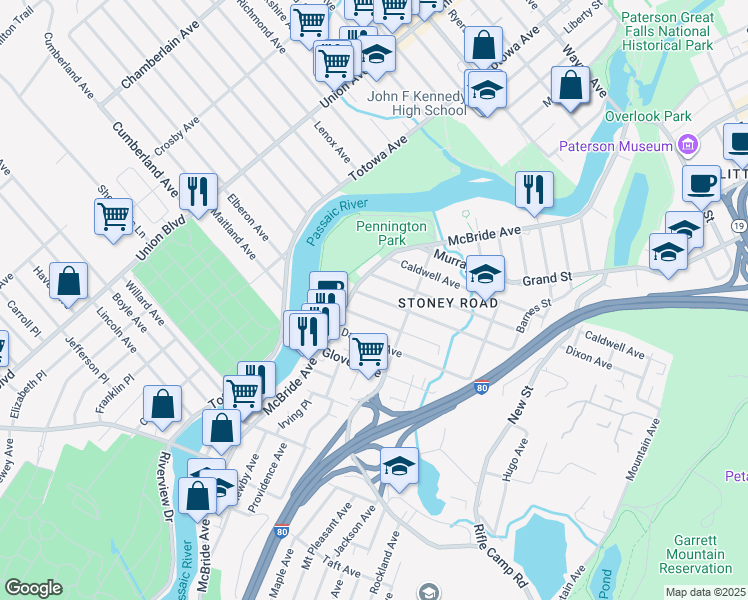 map of restaurants, bars, coffee shops, grocery stores, and more near in Paterson