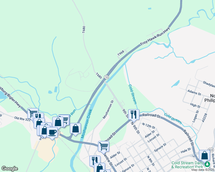 map of restaurants, bars, coffee shops, grocery stores, and more near 846 North 9th Street in Philipsburg