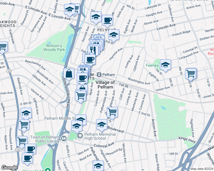 map of restaurants, bars, coffee shops, grocery stores, and more near in Village of Pelham