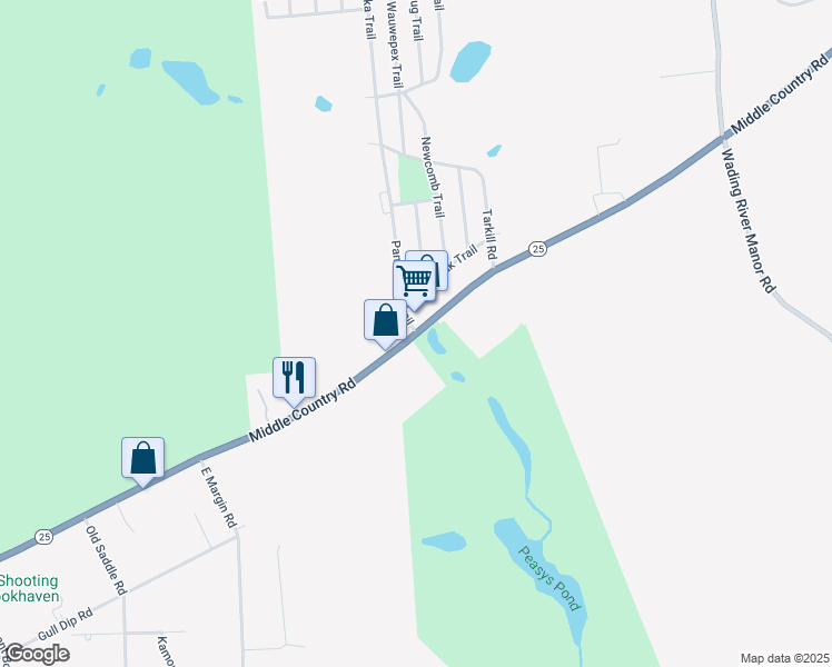 map of restaurants, bars, coffee shops, grocery stores, and more near Middle Country Road & Panamoka Trail in Ridge