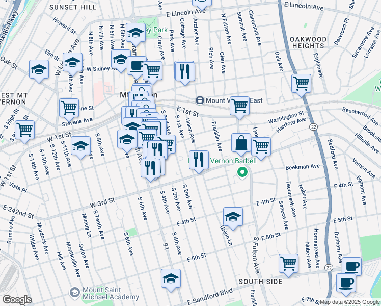 map of restaurants, bars, coffee shops, grocery stores, and more near in Mount Vernon