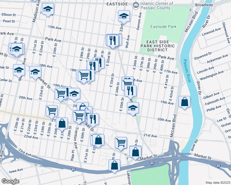 map of restaurants, bars, coffee shops, grocery stores, and more near 427 East 33rd Street in Paterson