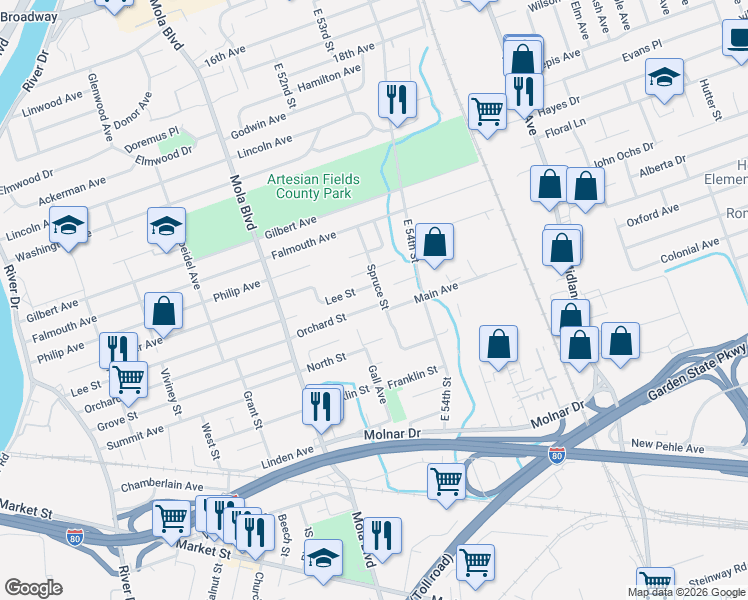 map of restaurants, bars, coffee shops, grocery stores, and more near 280 Miller Avenue in Elmwood Park