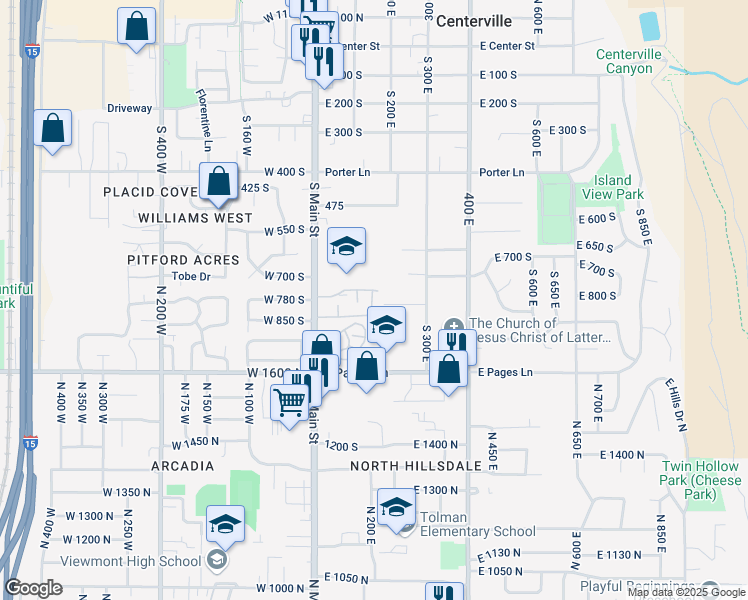 map of restaurants, bars, coffee shops, grocery stores, and more near 186 East 735 South in Centerville