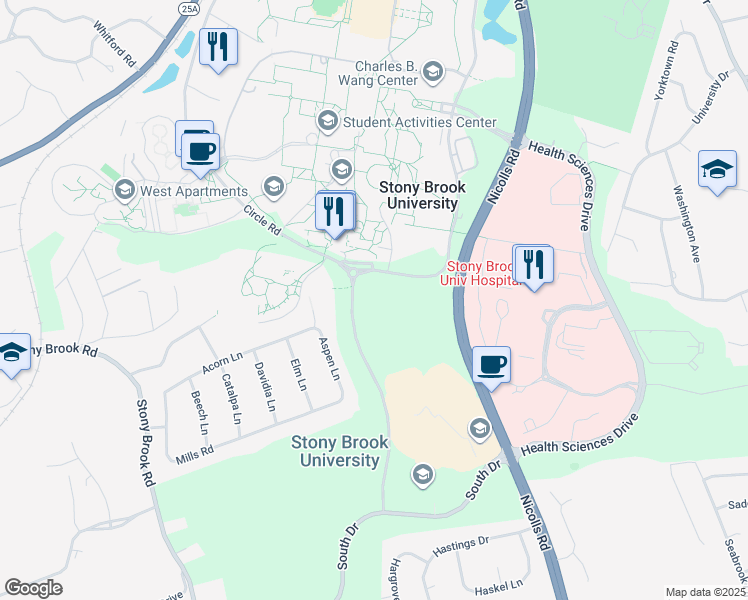 map of restaurants, bars, coffee shops, grocery stores, and more near 101 Nicolls Road in Stony Brook