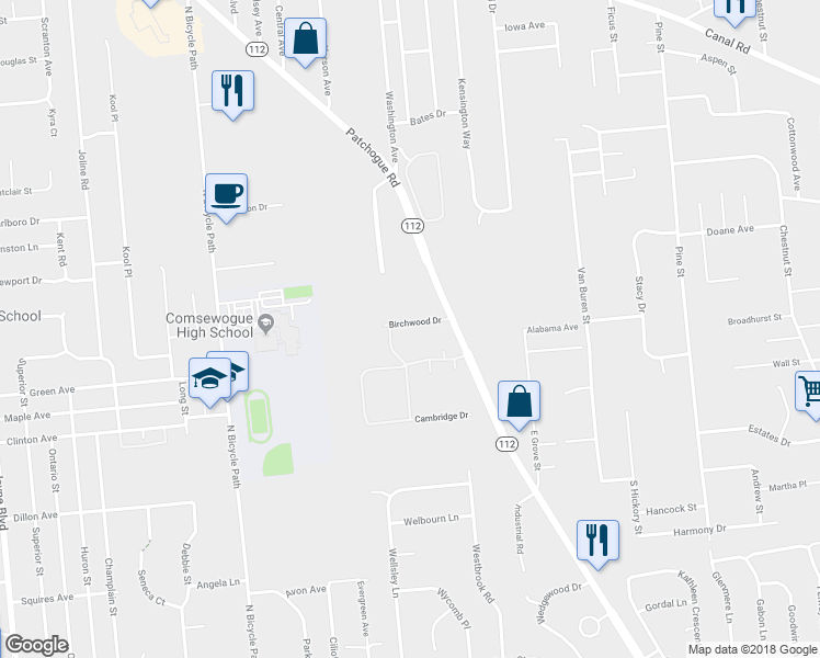 map of restaurants, bars, coffee shops, grocery stores, and more near 55 Birchwood Drive in Port Jefferson Station