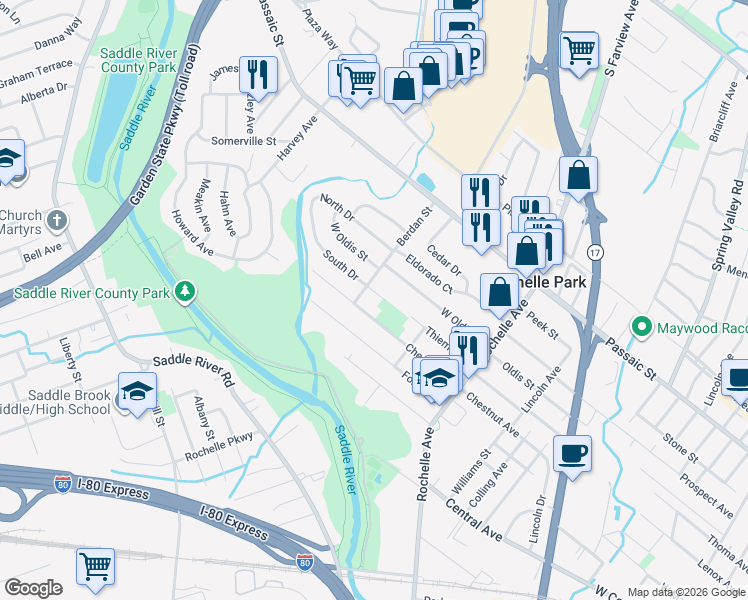 map of restaurants, bars, coffee shops, grocery stores, and more near in Rochelle Park